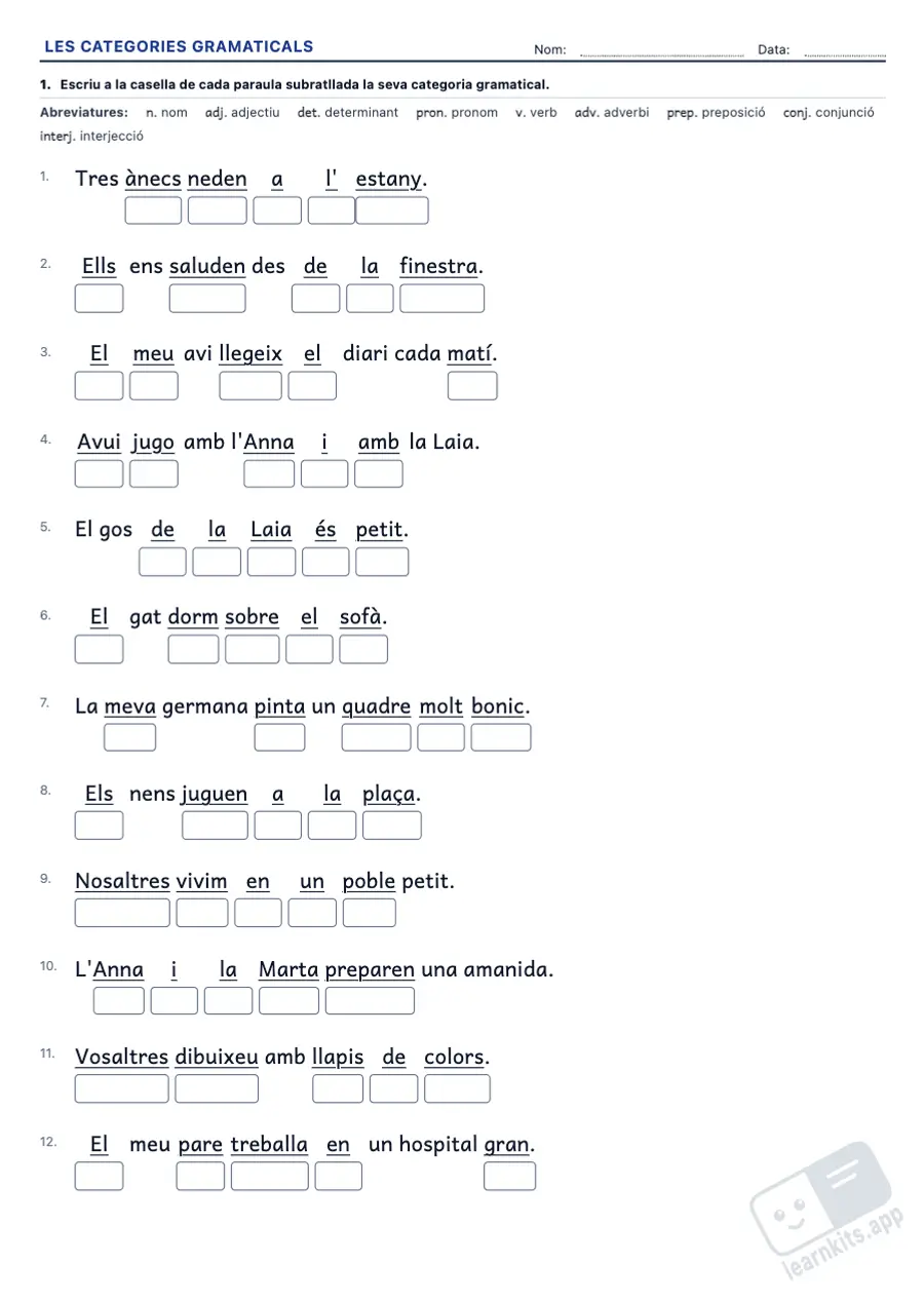 Generador de Fitxes de Categories Gramaticals: exemple de fitxa A4 per imprimir, primera pàgina de la fitxa de l’alumne