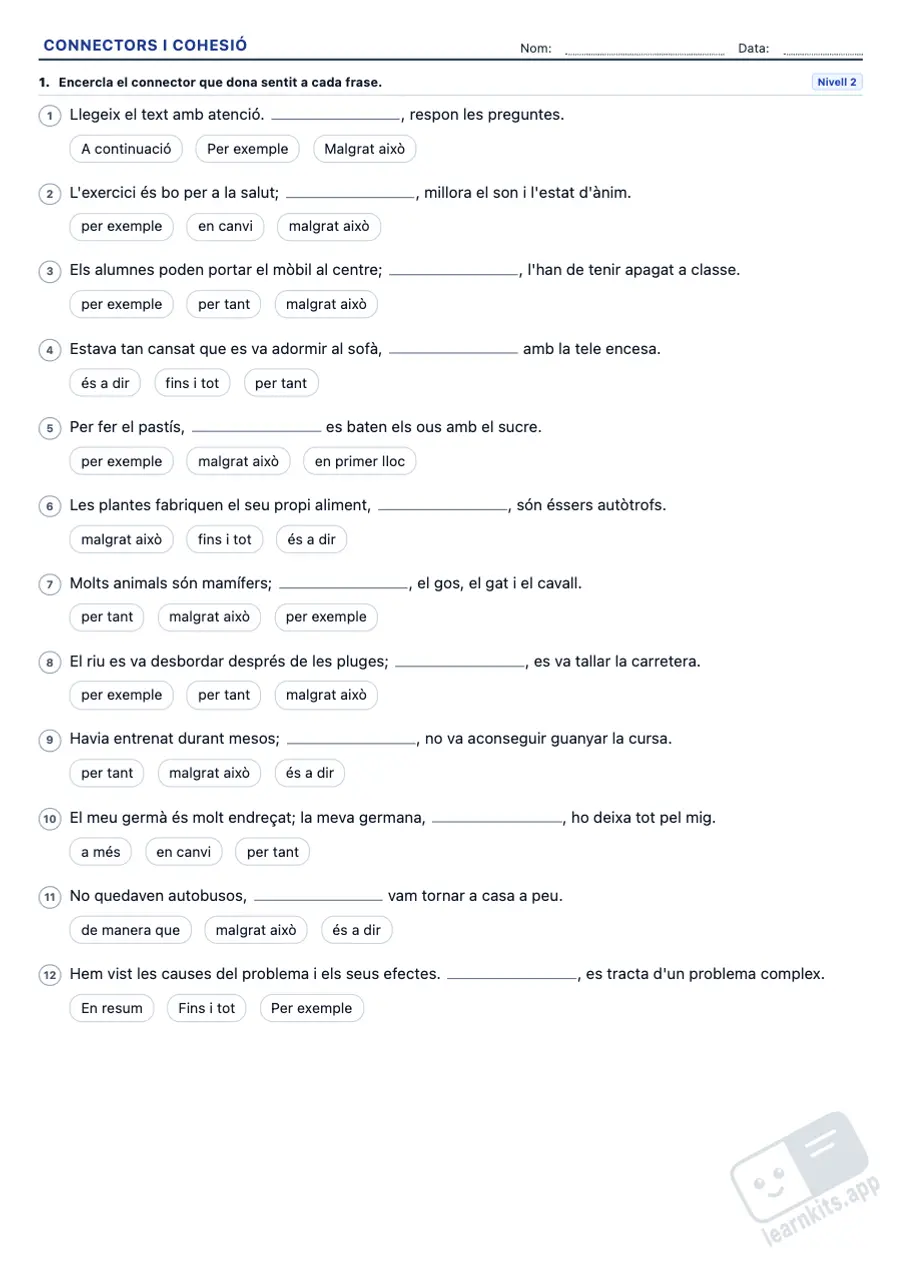 Exercicis de connectors i cohesió textual per imprimir: exemple de fitxa A4 per imprimir, primera pàgina de la fitxa de l’alumne