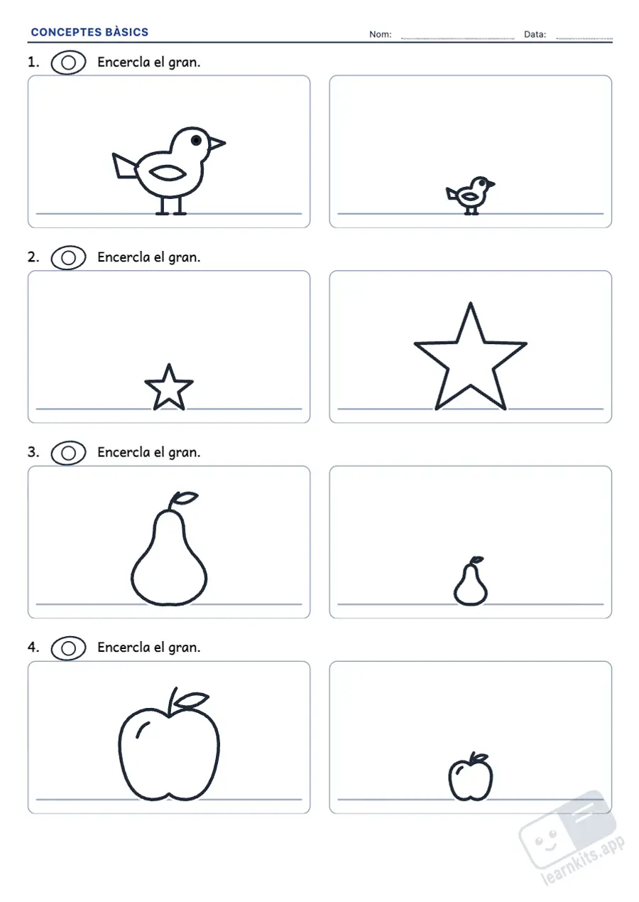 Fitxes de conceptes bàsics per a infantil: exemple de fitxa A4 per imprimir, primera pàgina de la fitxa de l’alumne