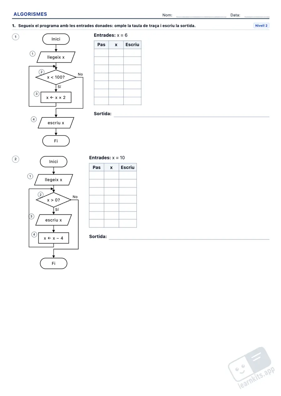 Exercicis de diagrames de flux i algorismes per imprimir: exemple de fitxa A4 per imprimir, primera pàgina de la fitxa de l’alumne