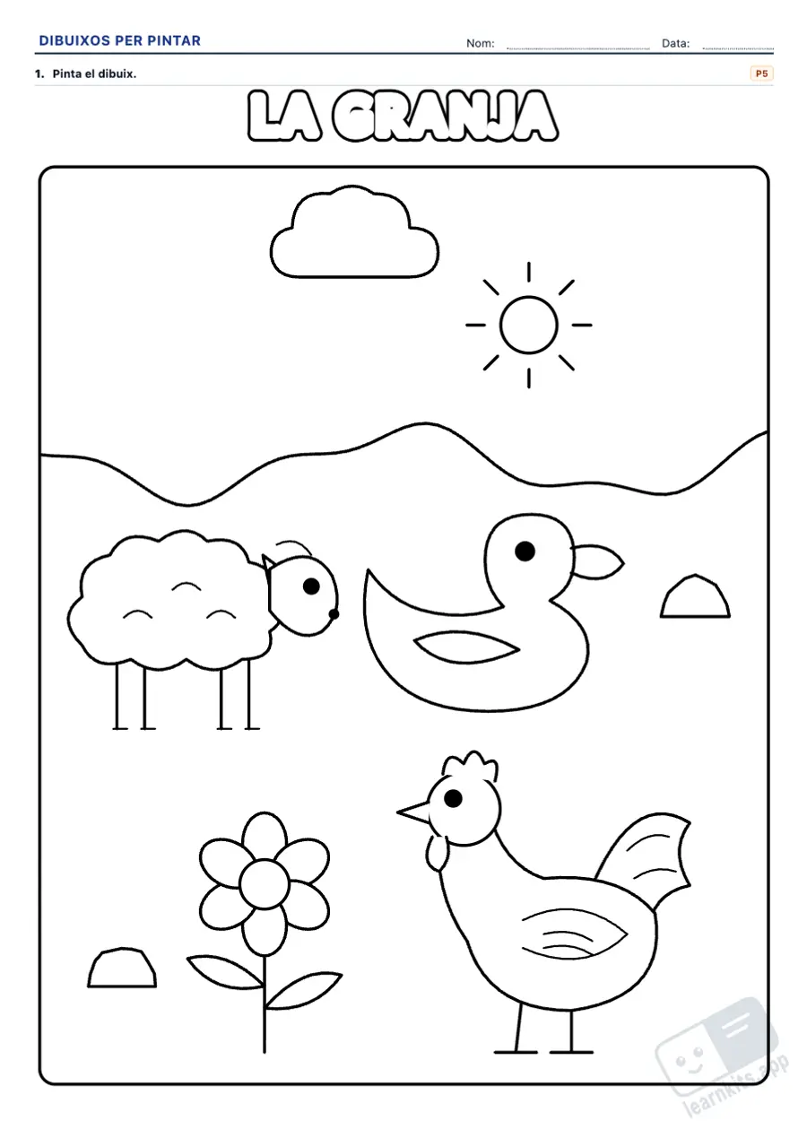 Dibuixos per pintar per a infants: exemple de fitxa A4 per imprimir, primera pàgina de la fitxa de l’alumne