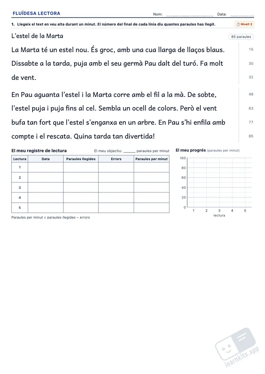 Generador de Fitxes de Fluïdesa Lectora: exemple de fitxa A4 per imprimir, primera pàgina de la fitxa de l’alumne