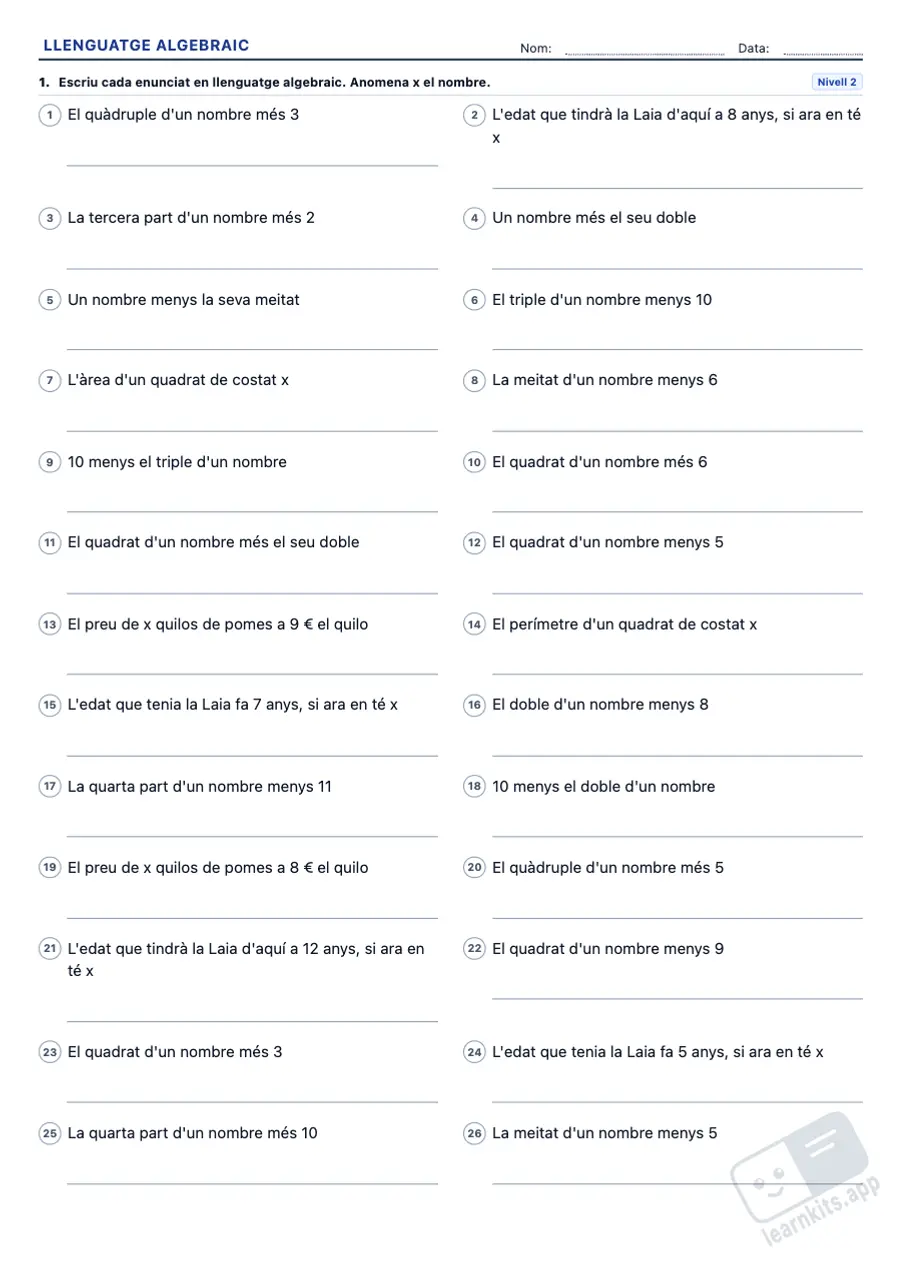 Exercicis de llenguatge algebraic per imprimir, resolts: exemple de fitxa A4 per imprimir, primera pàgina de la fitxa de l’alumne