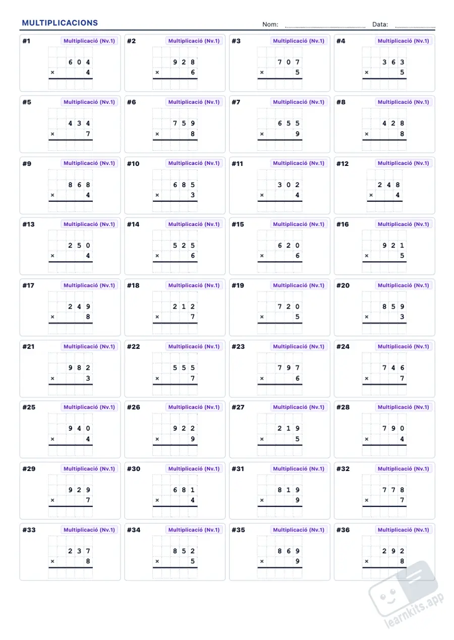 Fitxes de multiplicacions per imprimir amb solucionari: exemple de fitxa A4 per imprimir, primera pàgina de la fitxa de l’alumne