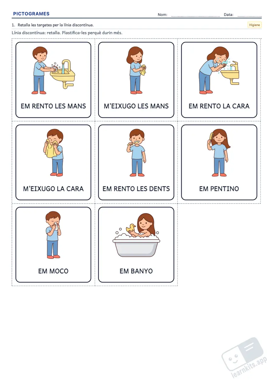 Pictogrames per imprimir per temes: exemple de fitxa A4 per imprimir, primera pàgina de la fitxa de l’alumne
