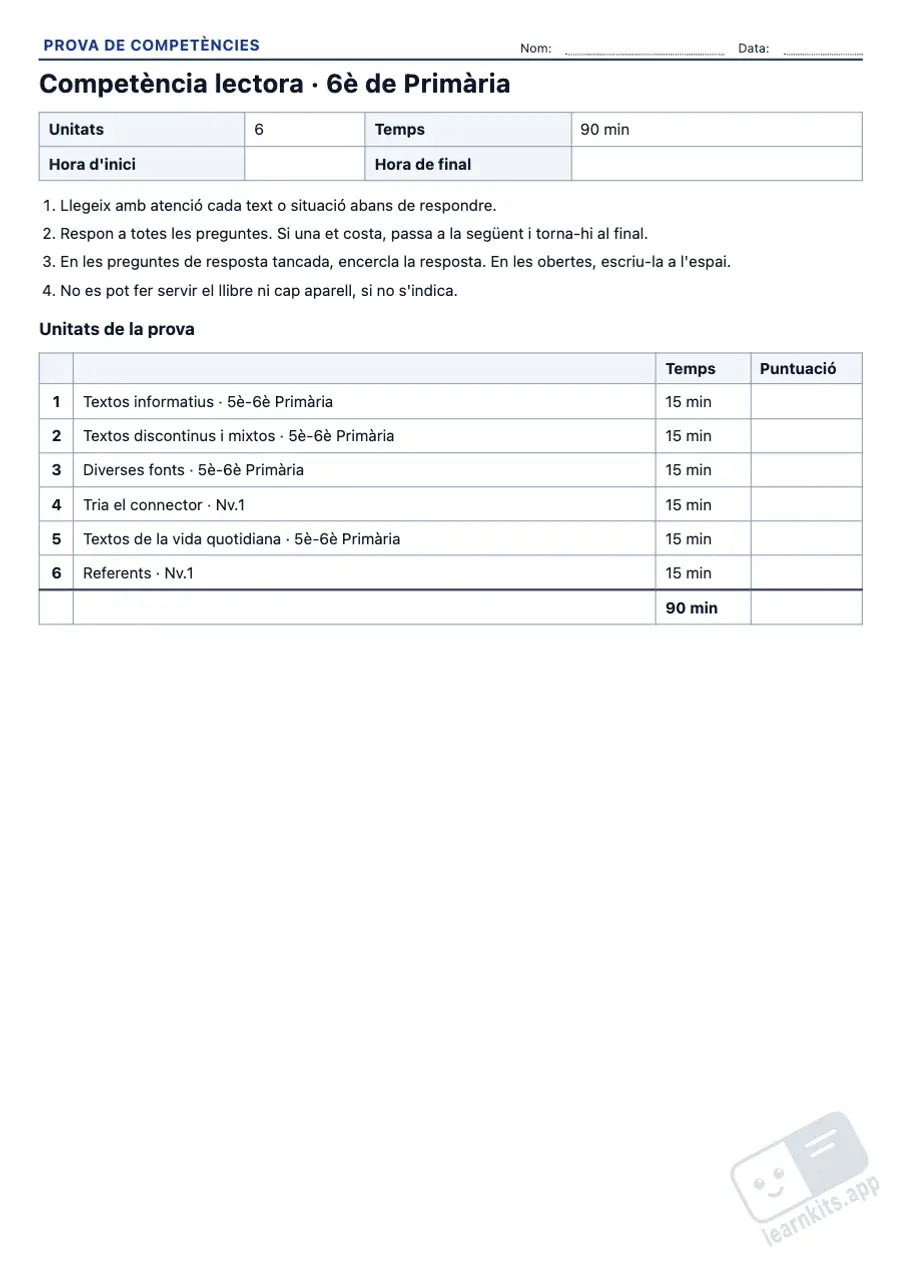 Proves de competències tipus PISA per imprimir: exemple de fitxa A4 per imprimir, primera pàgina de la fitxa de l’alumne