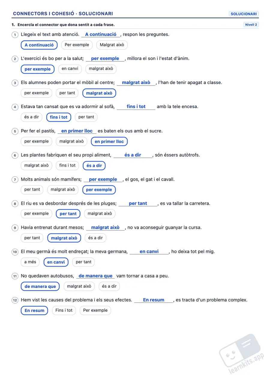 Exercicis de connectors i cohesió textual per imprimir: exemple de solucionari de la mateixa fitxa, primera pàgina