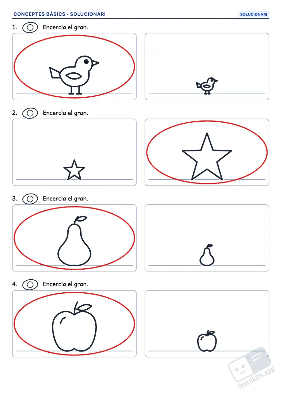 Fitxes de conceptes bàsics per a infantil: exemple de solucionari de la mateixa fitxa, primera pàgina