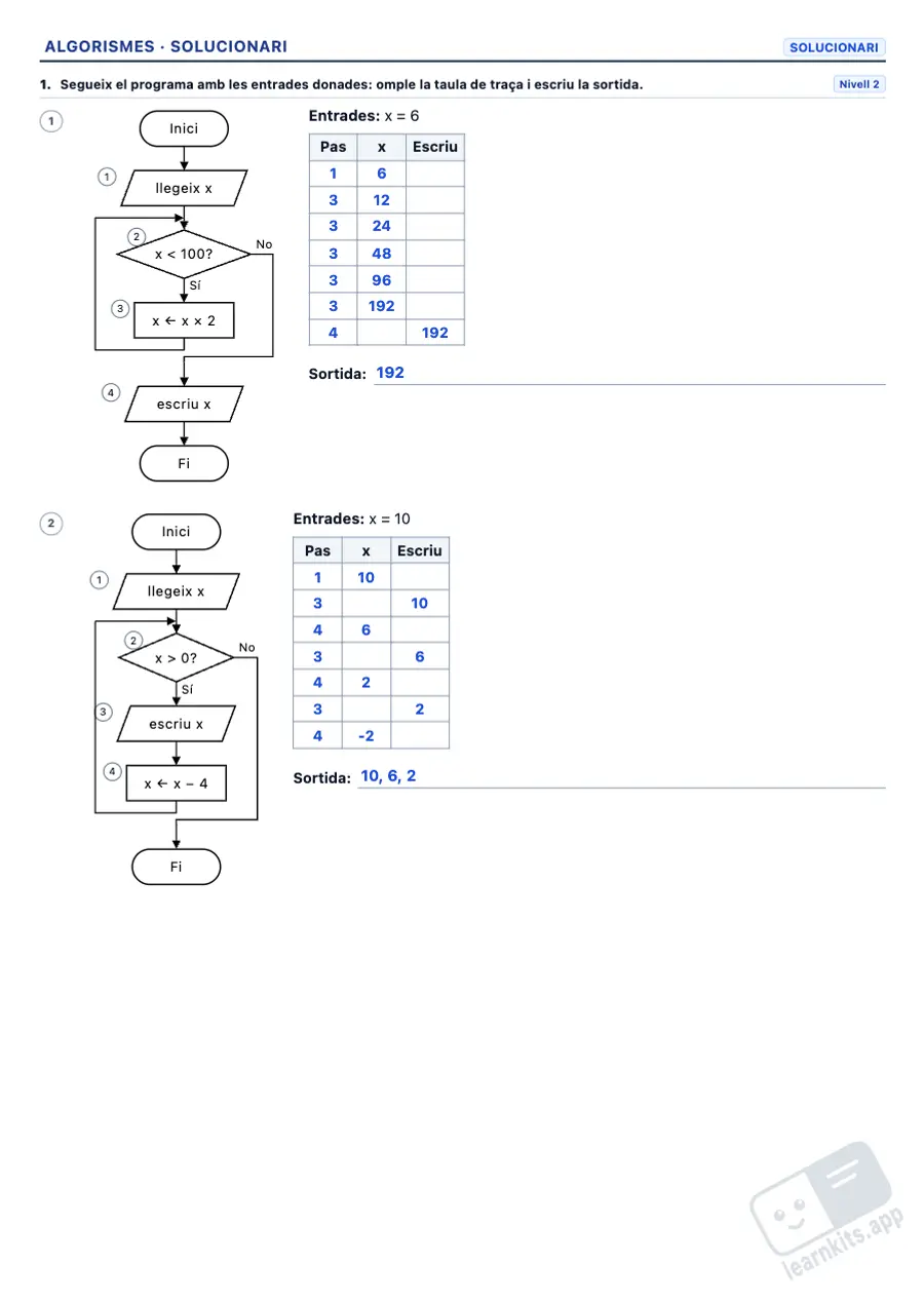 Exercicis de diagrames de flux i algorismes per imprimir: exemple de solucionari de la mateixa fitxa, primera pàgina