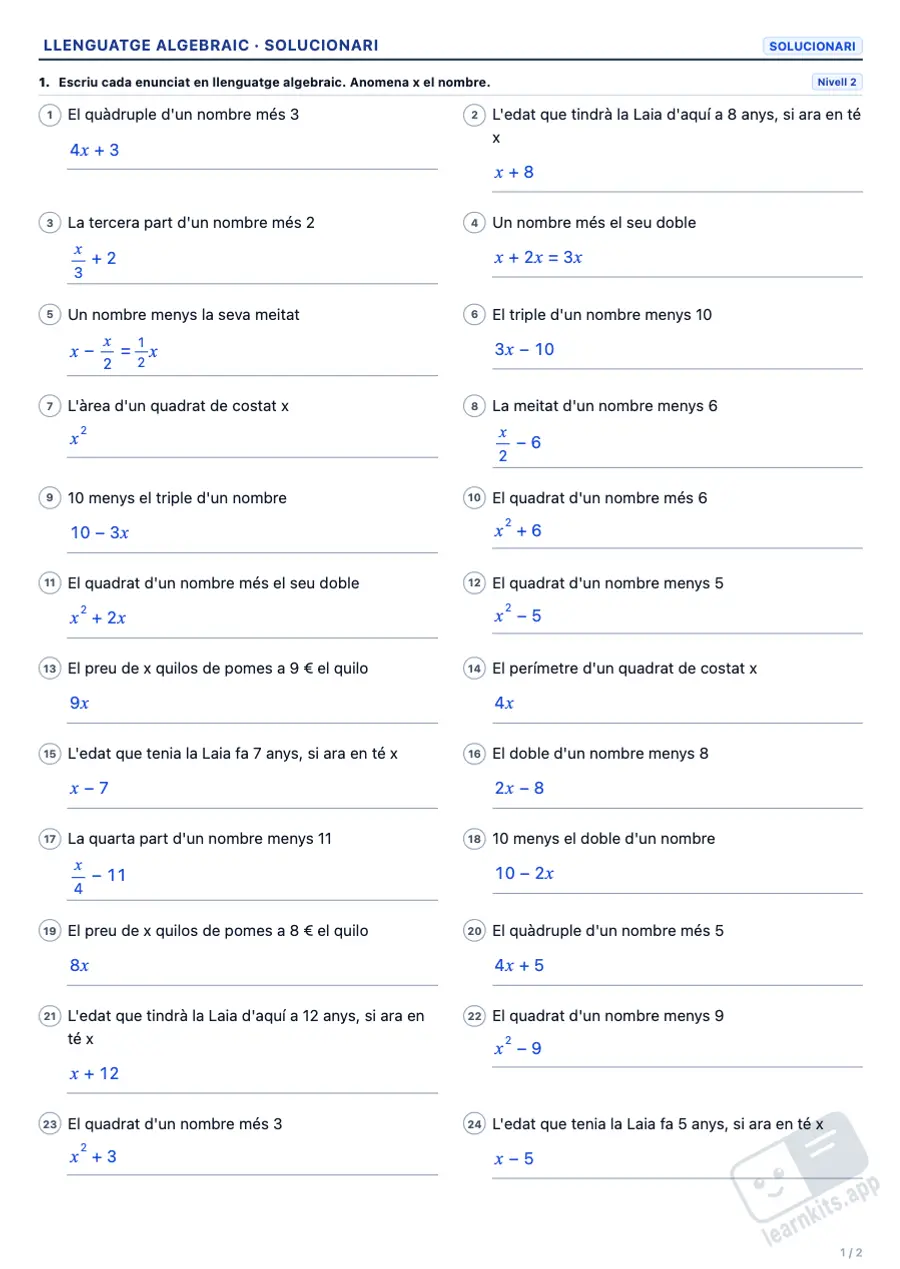 Exercicis de llenguatge algebraic per imprimir, resolts: exemple de solucionari de la mateixa fitxa, primera pàgina