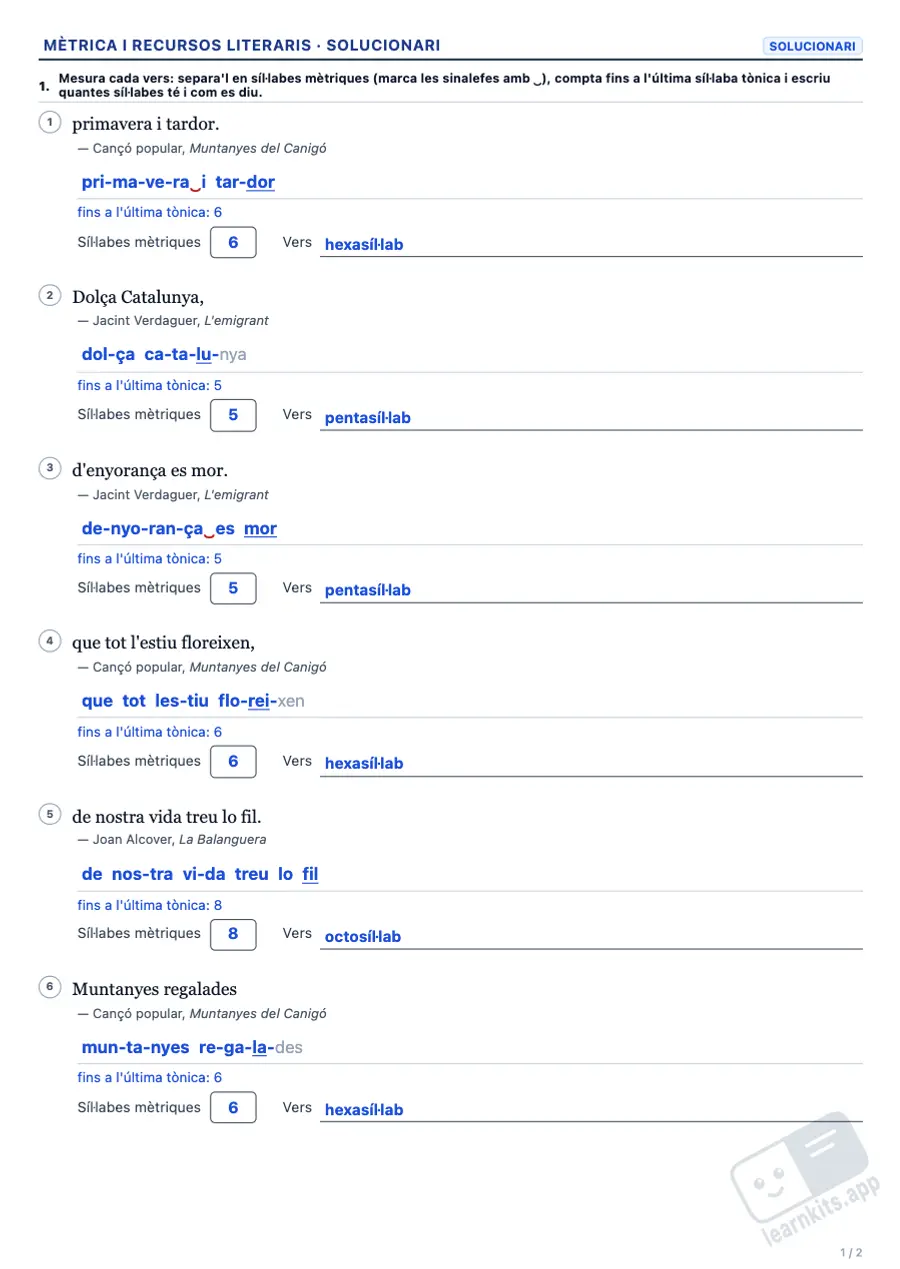 Generador de Fitxes de Mètrica i Recursos Literaris: exemple de solucionari de la mateixa fitxa, primera pàgina