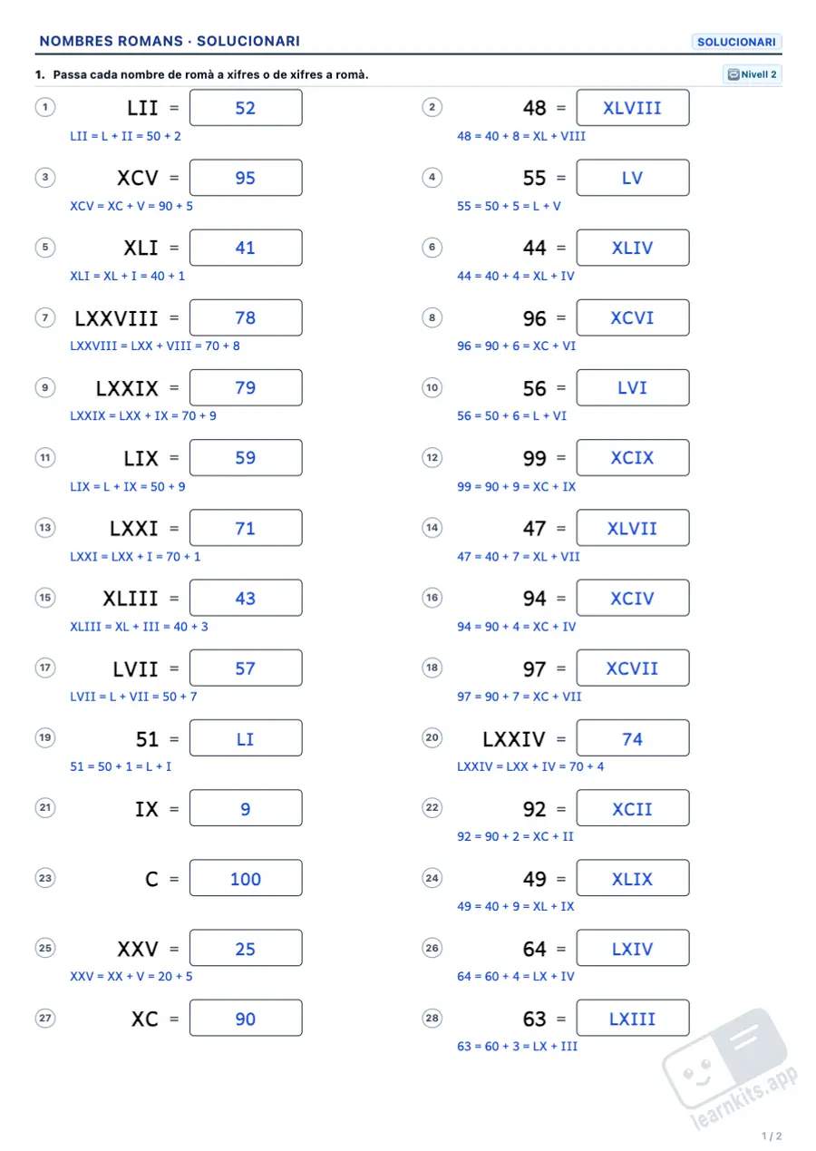 Generador de Fitxes de Nombres Romans: exemple de solucionari de la mateixa fitxa, primera pàgina