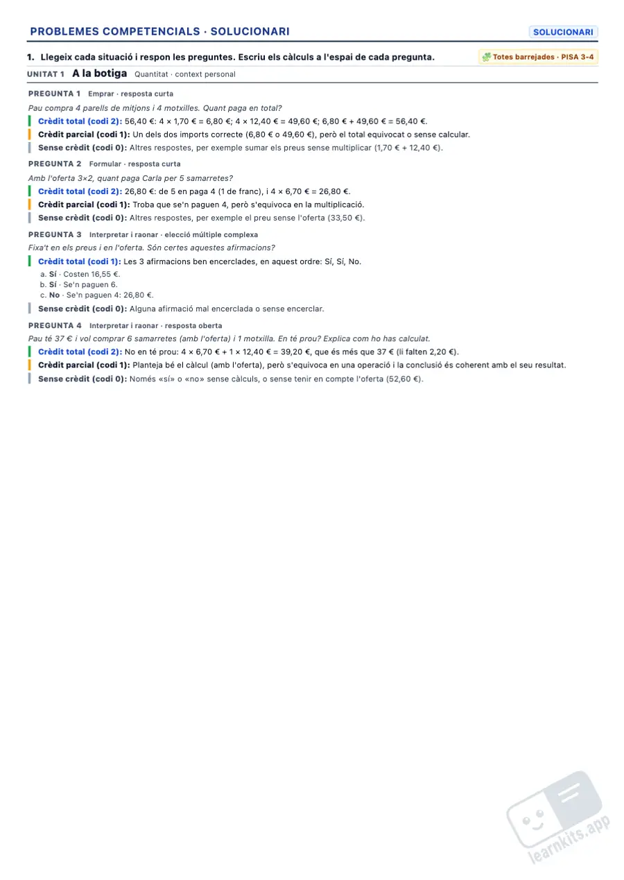 Generador de Fitxes de Problemes Competencials tipus PISA: exemple de solucionari de la mateixa fitxa, primera pàgina