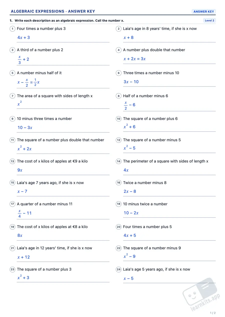 Algebraic expressions worksheets to print, with answers: sample answer key of the same worksheet, first page