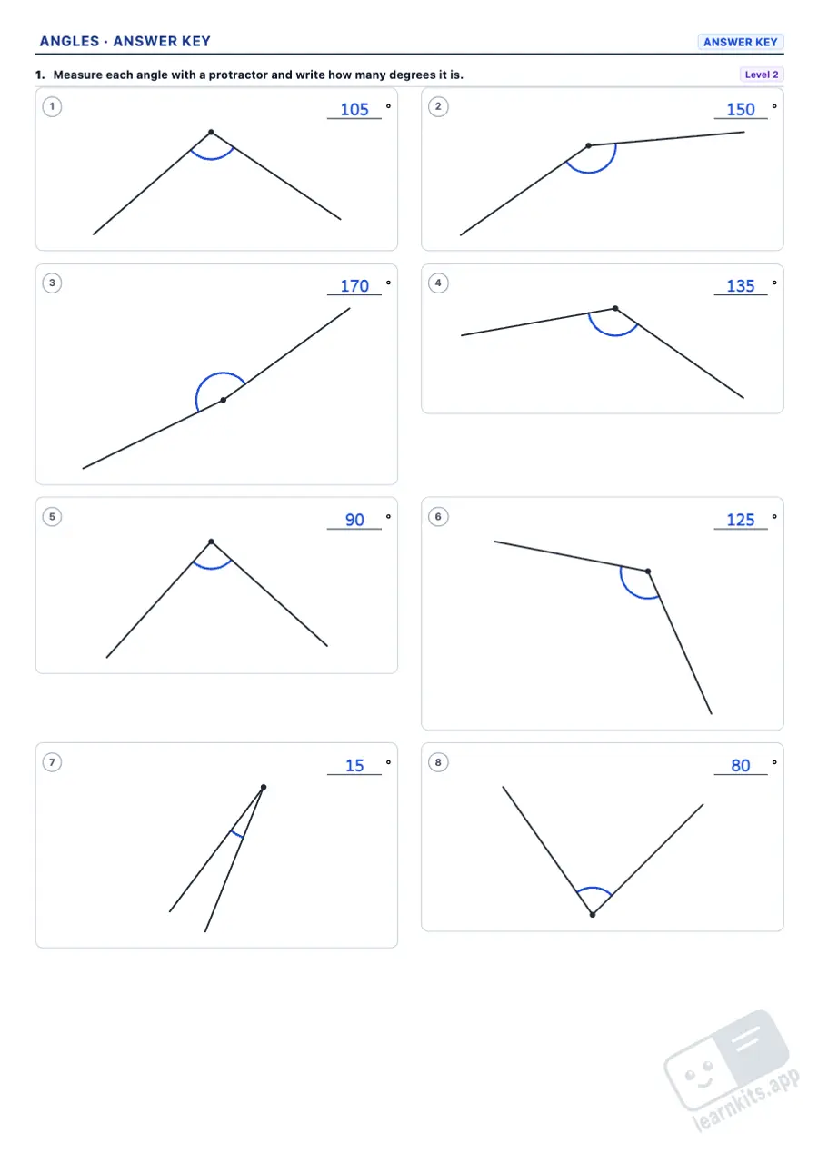 Angles Worksheet Generator: sample answer key of the same worksheet, first page