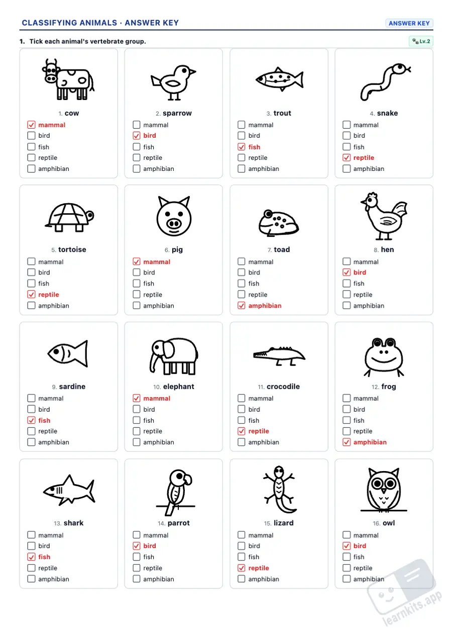 Animal Classification Worksheet Generator: sample answer key of the same worksheet, first page
