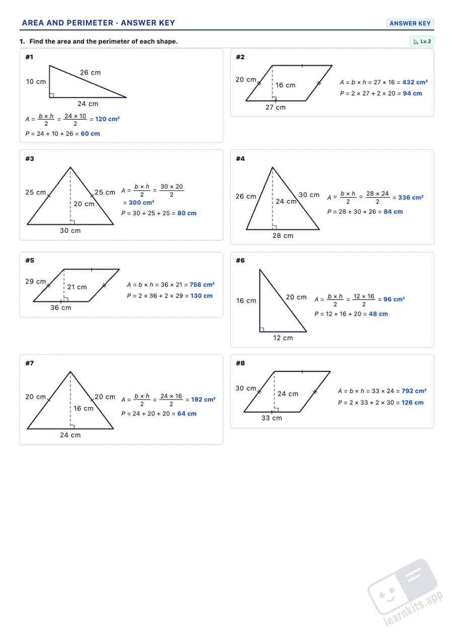 Area and Perimeter Worksheet Generator: sample answer key of the same worksheet, first page