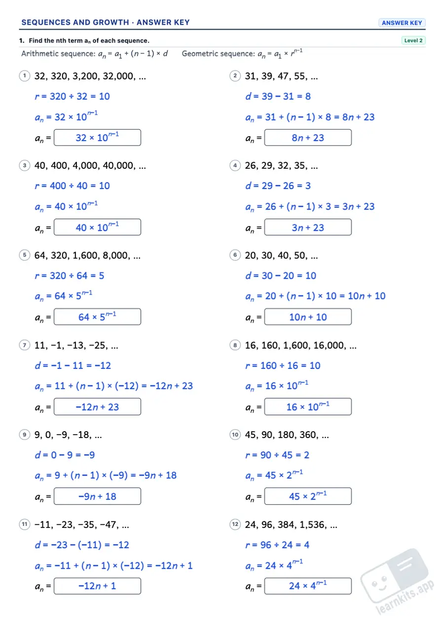 Arithmetic and geometric sequences worksheets to print: sample answer key of the same worksheet, first page