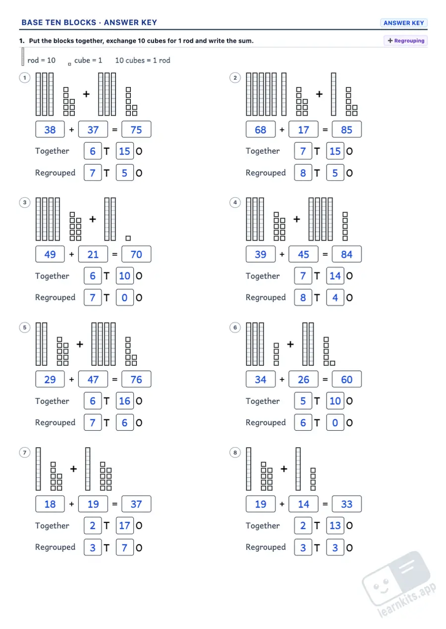 Base Ten Blocks Worksheet Generator: sample answer key of the same worksheet, first page