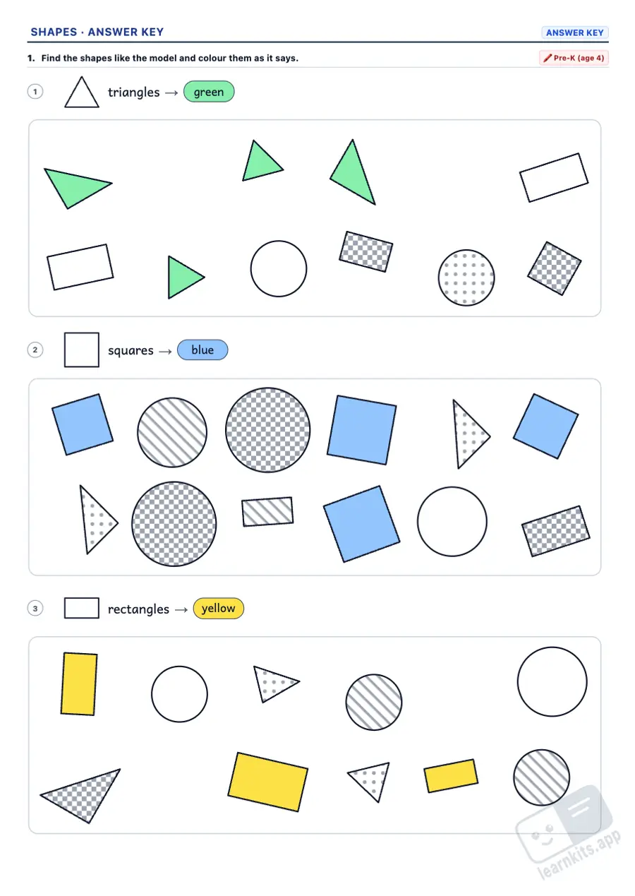 Basic Shapes Worksheet Generator: sample answer key of the same worksheet, first page