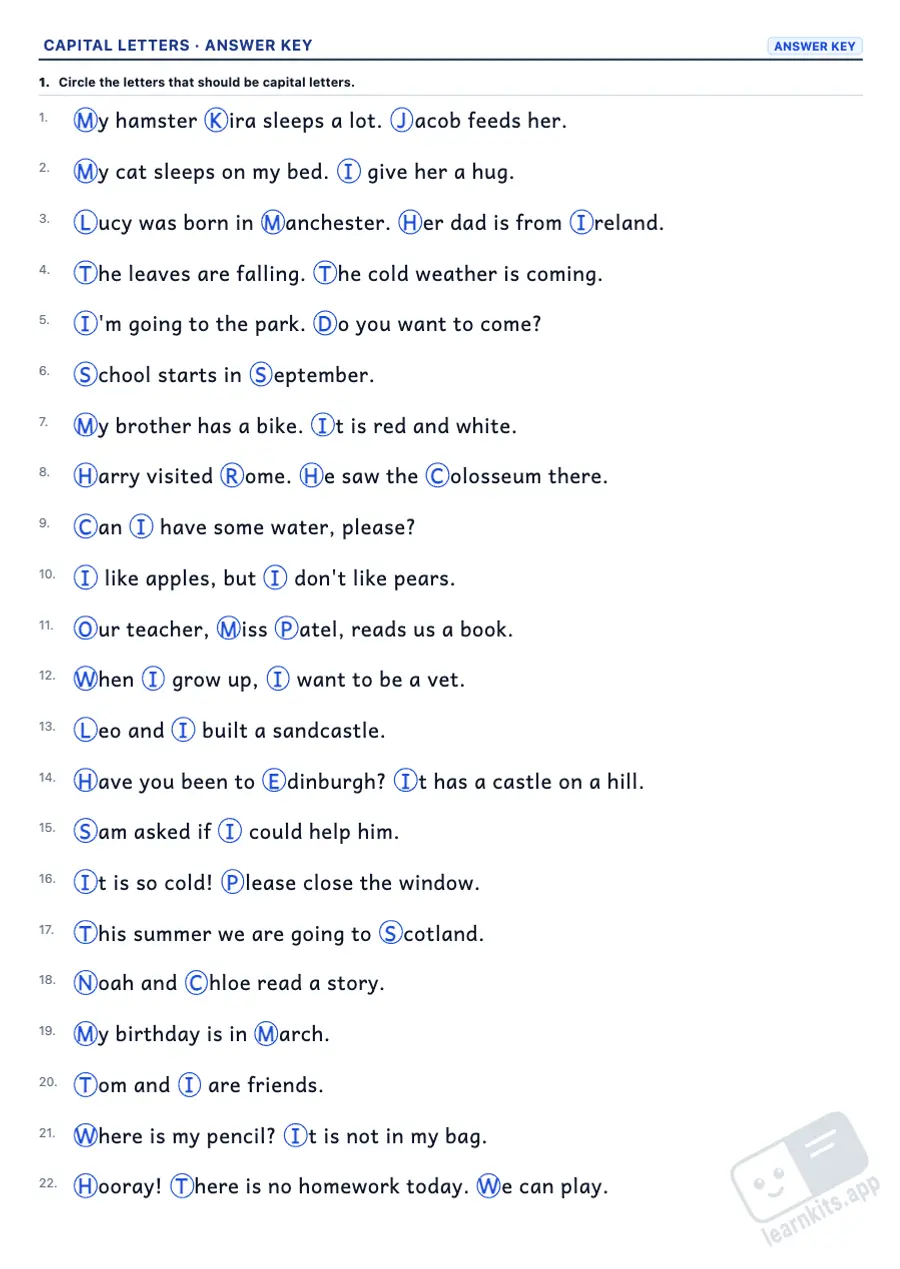 Capital Letters Worksheet Generator: sample answer key of the same worksheet, first page