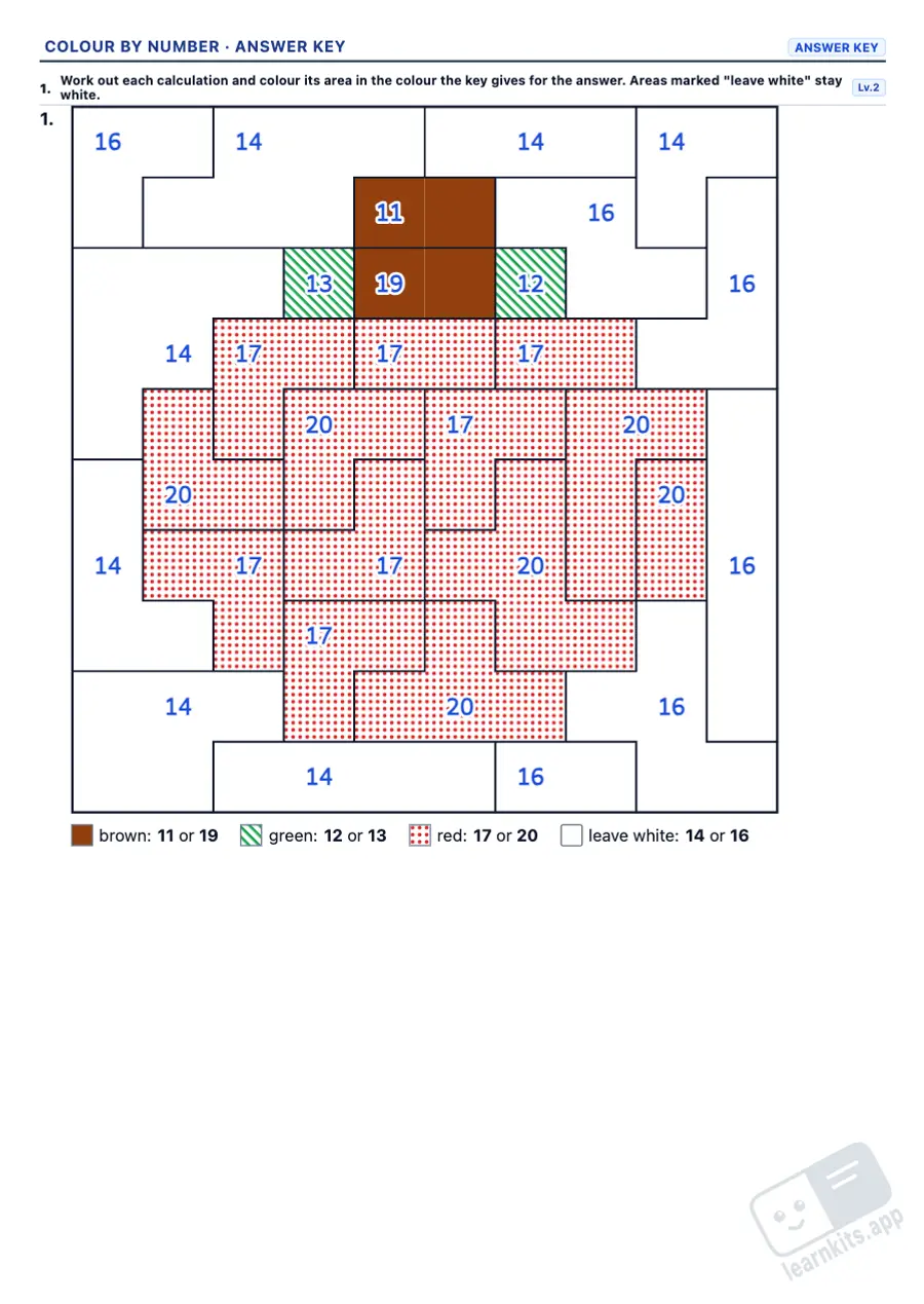 Colour by Number Maths Worksheet Generator: sample answer key of the same worksheet, first page