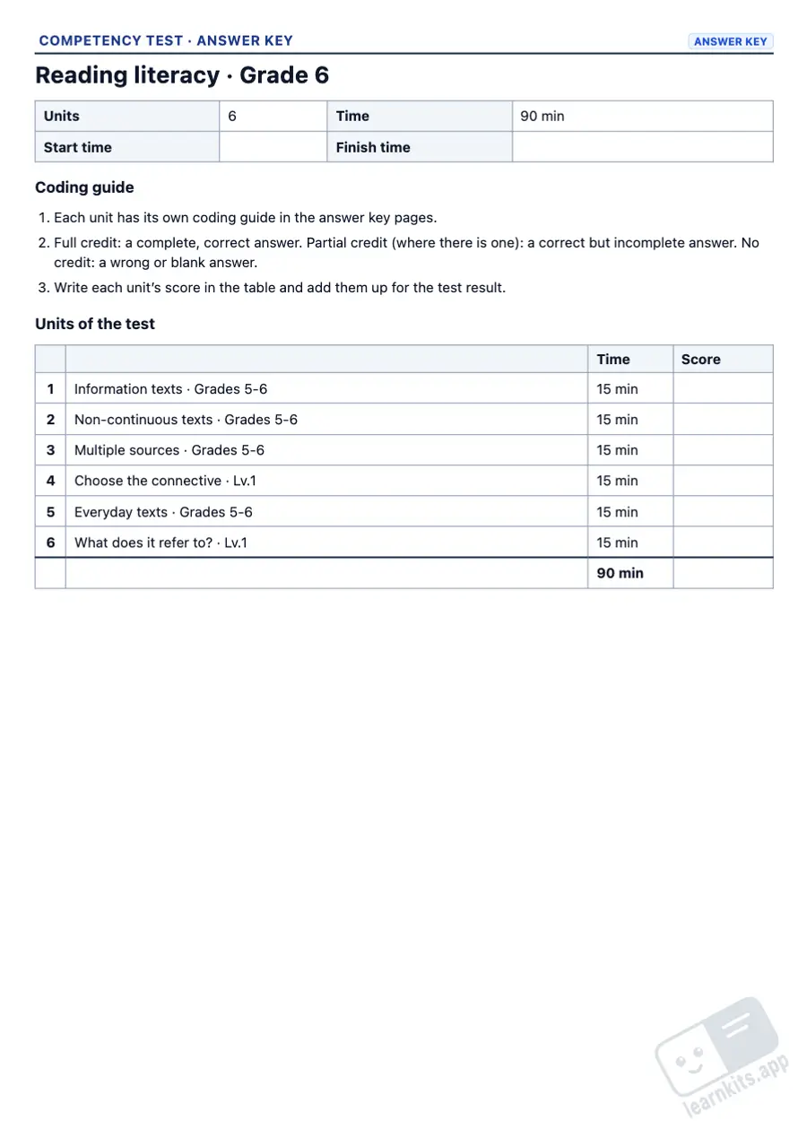 Printable PISA-Style Competency Tests: sample answer key of the same worksheet, first page