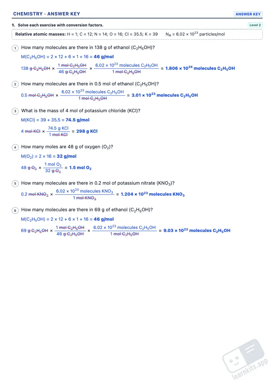 Concentration, moles and stoichiometry worksheets to print: sample answer key of the same worksheet, first page