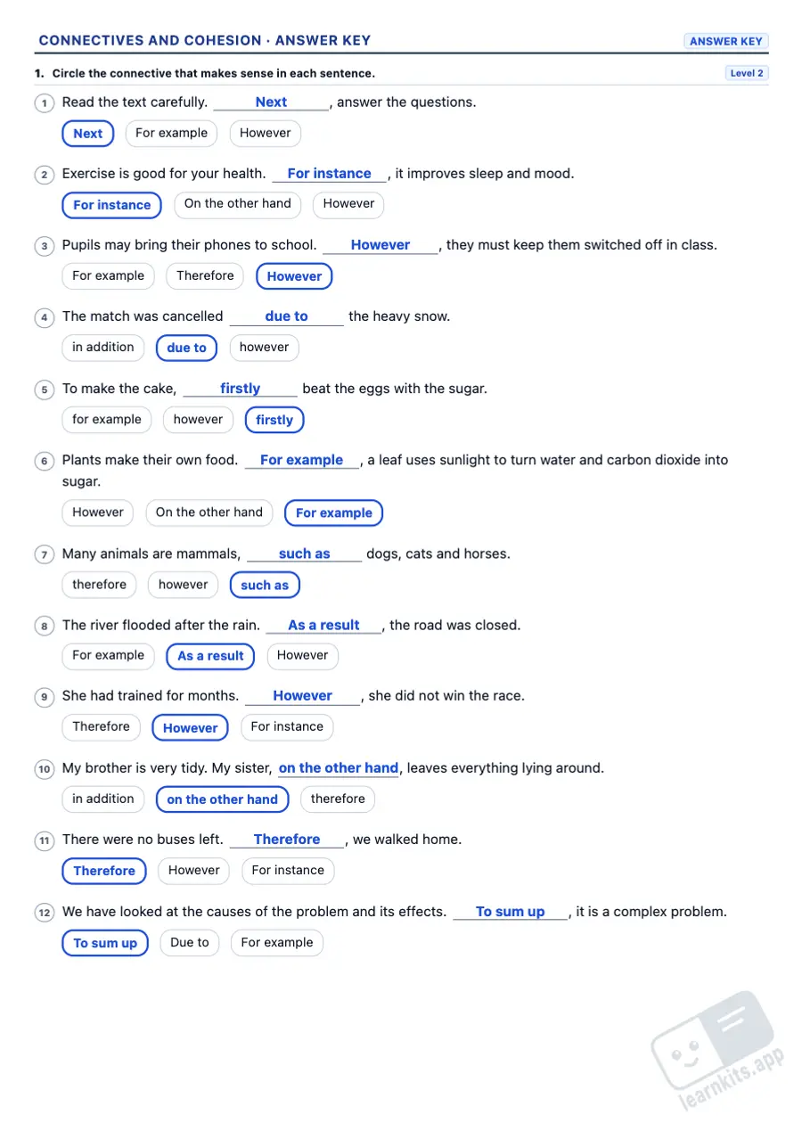 Connectives and Text Cohesion Worksheets: sample answer key of the same worksheet, first page