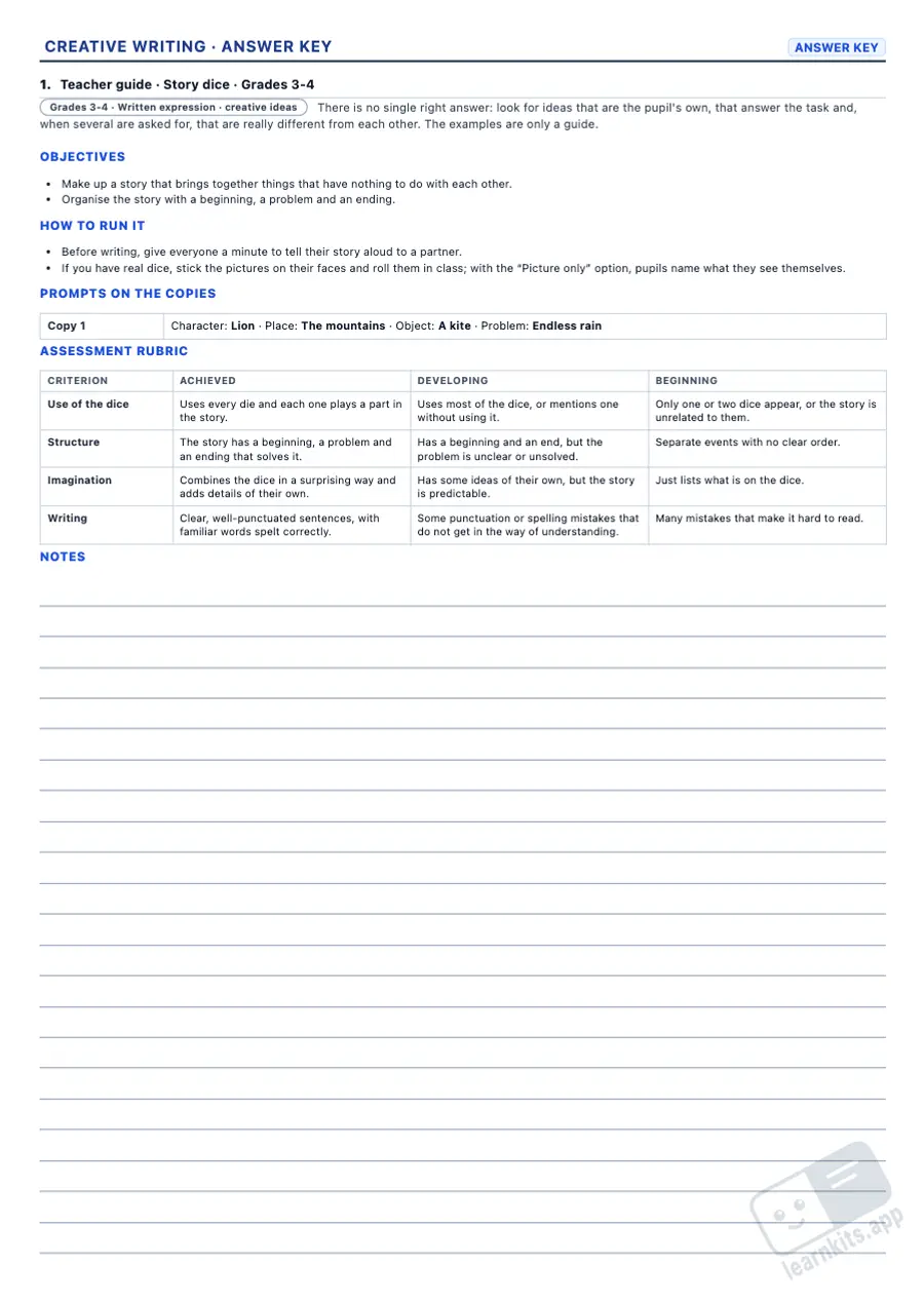 Creative Writing Prompts Worksheet Generator: sample teacher guide of the same worksheet, first page