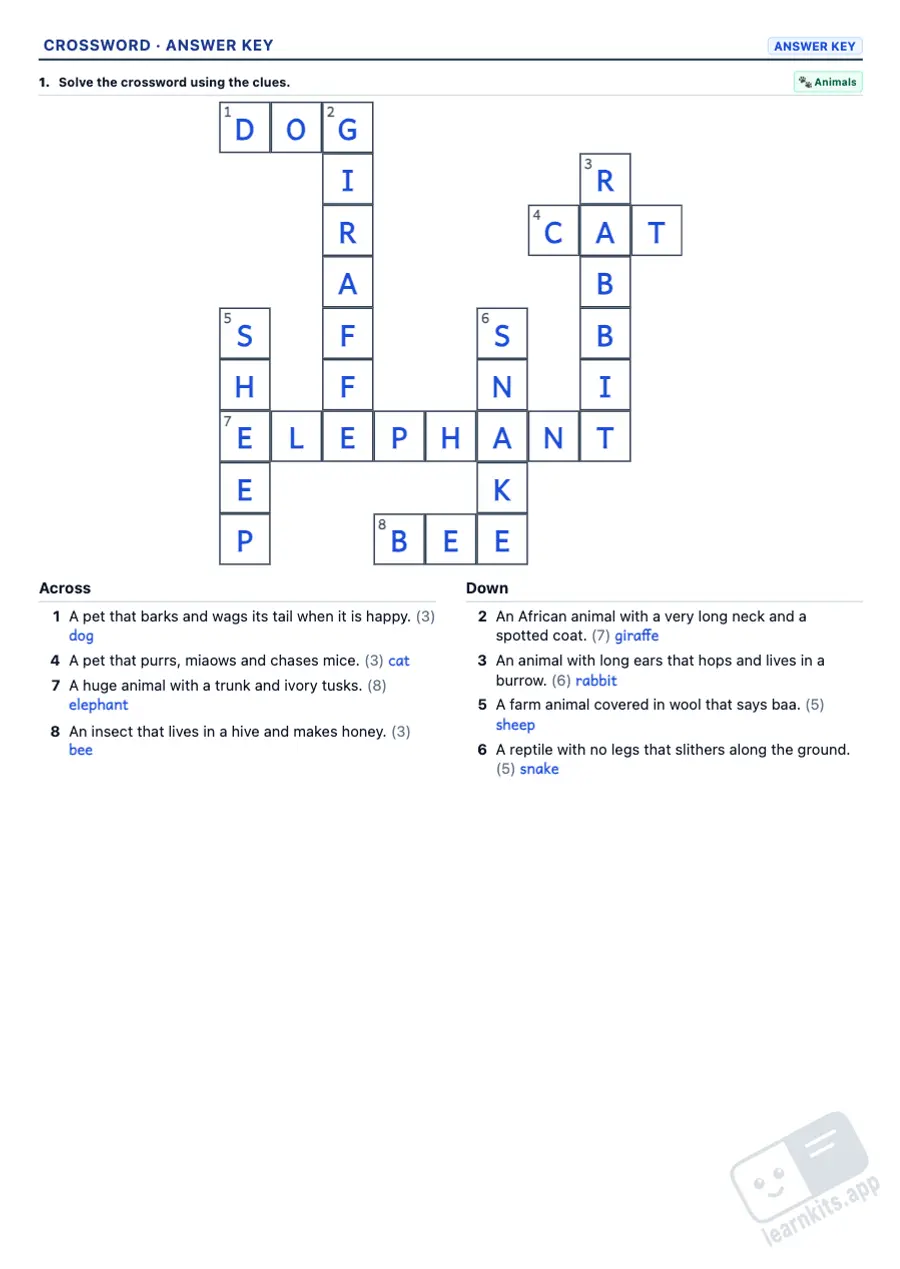 Crossword Puzzle Generator: sample answer key of the same worksheet, first page