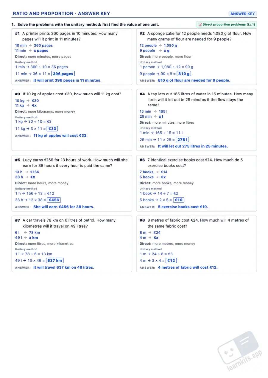 Ratio and Proportion Worksheet Generator: sample answer key of the same worksheet, first page