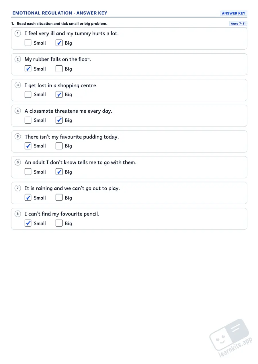 Emotional regulation worksheets: sample answer key of the same worksheet, first page