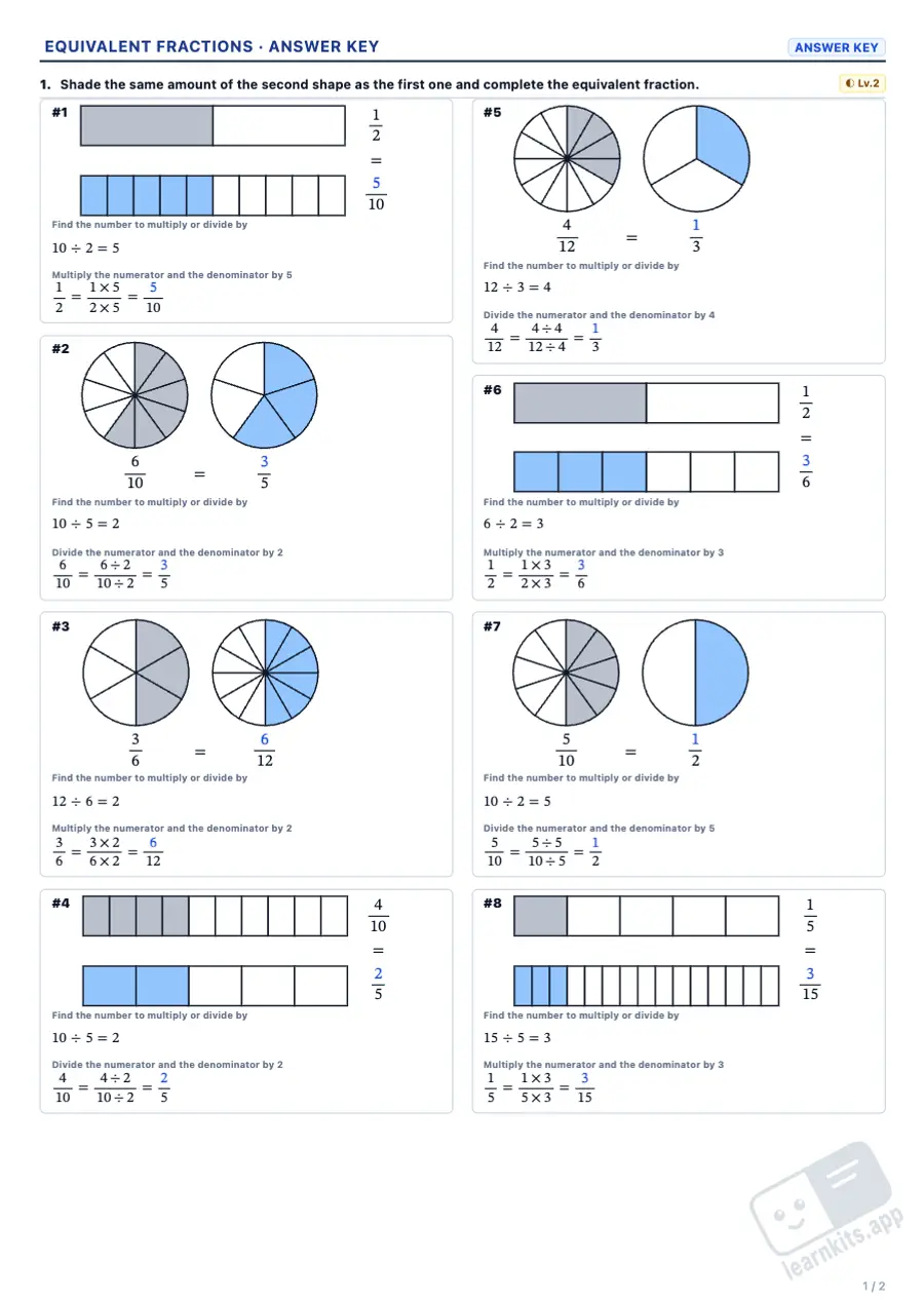 Equivalent Fractions Worksheet Generator: sample answer key of the same worksheet, first page