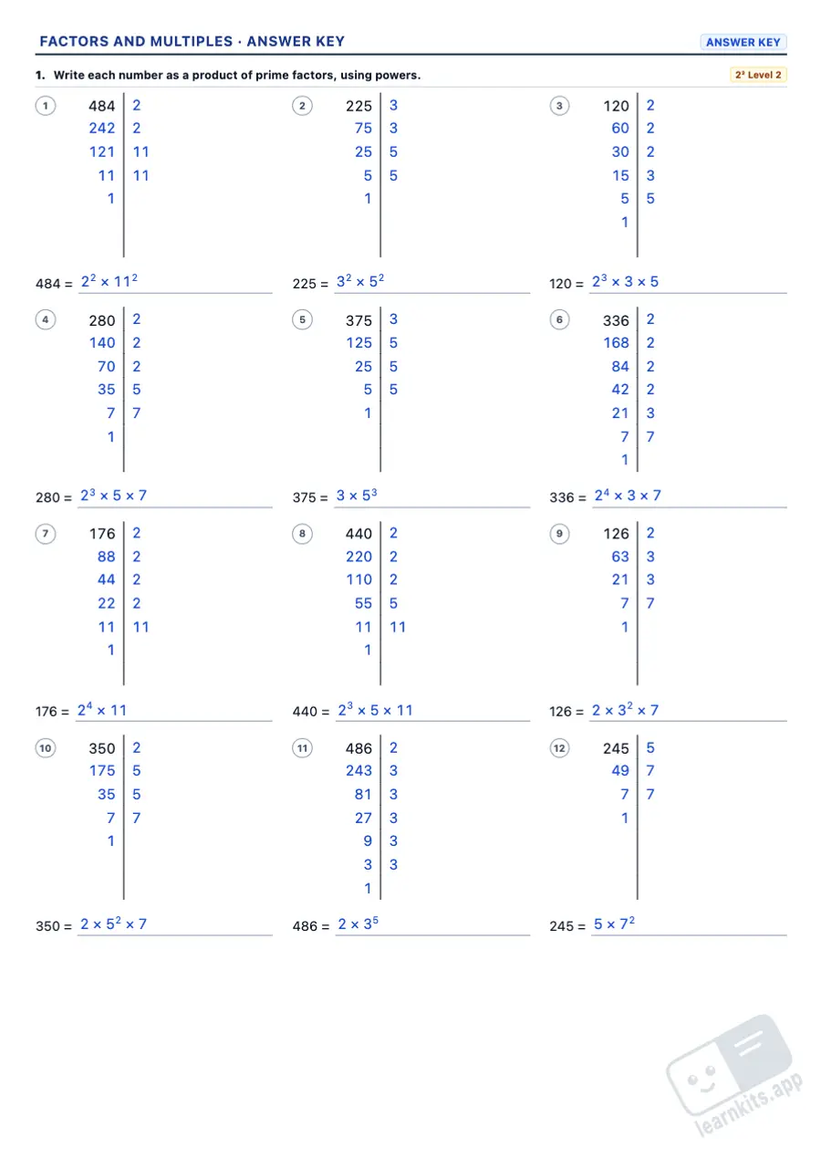 Factors and Multiples Worksheet Generator: sample answer key of the same worksheet, first page