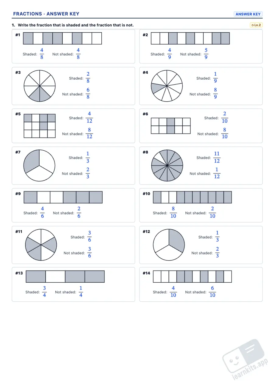 Fraction Models Worksheet Generator: sample answer key of the same worksheet, first page