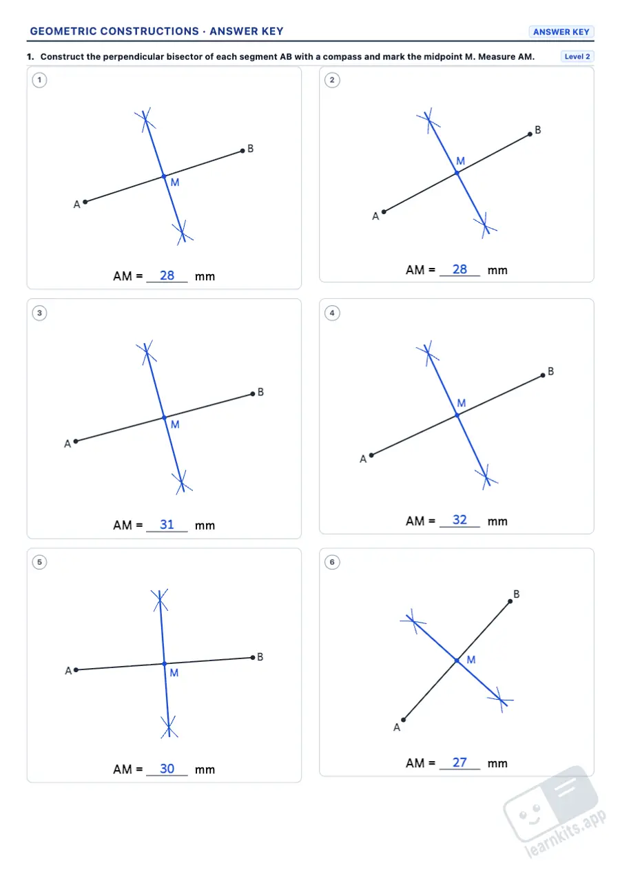 Geometric constructions with compass and ruler: sample answer key of the same worksheet, first page