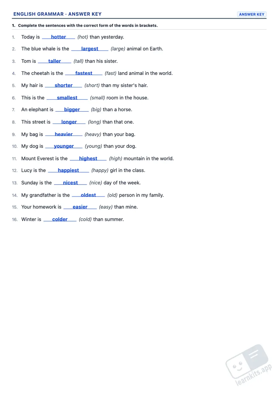 ESL grammar worksheets to print: sample answer key of the same worksheet, first page