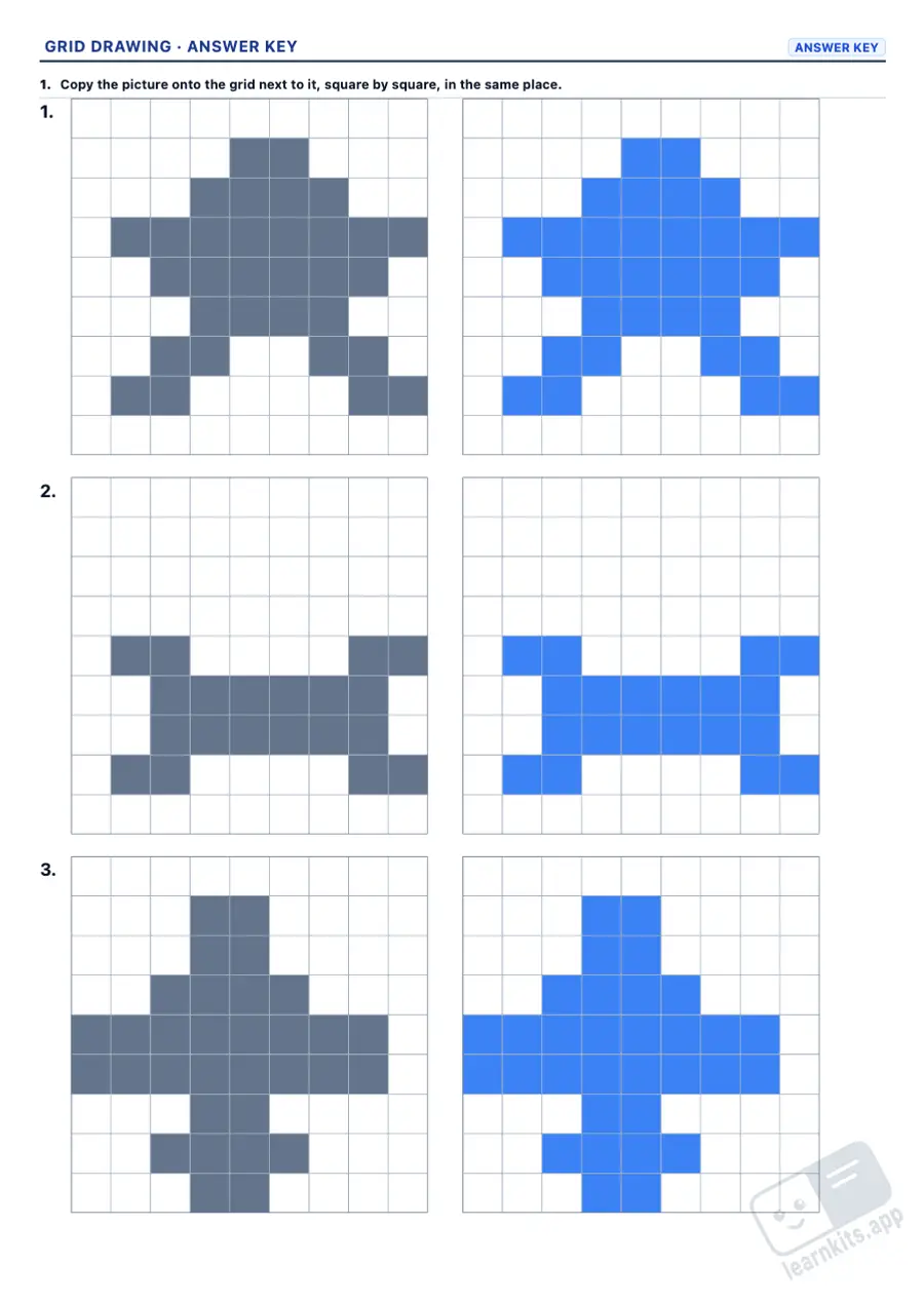 Grid Drawing Worksheet Generator: sample answer key of the same worksheet, first page