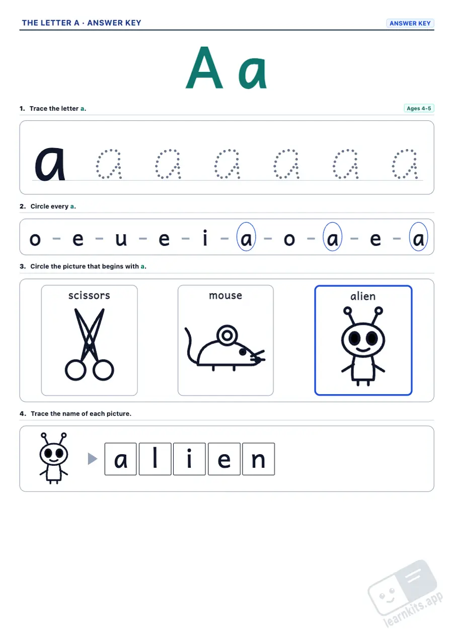Letter of the Week Worksheets: sample answer key of the same worksheet, first page
