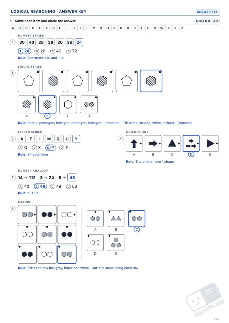 Logical reasoning worksheets: sample answer key of the same worksheet, first page