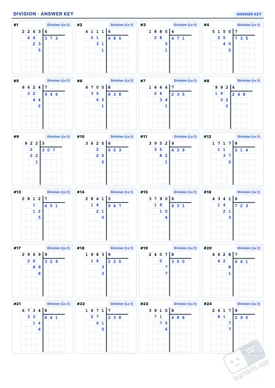 Long division worksheets with answer key: sample answer key of the same worksheet, first page