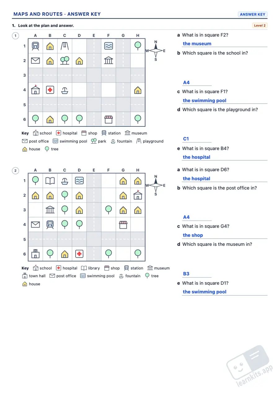 Map Skills Worksheets: Compass Directions and Routes: sample answer key of the same worksheet, first page