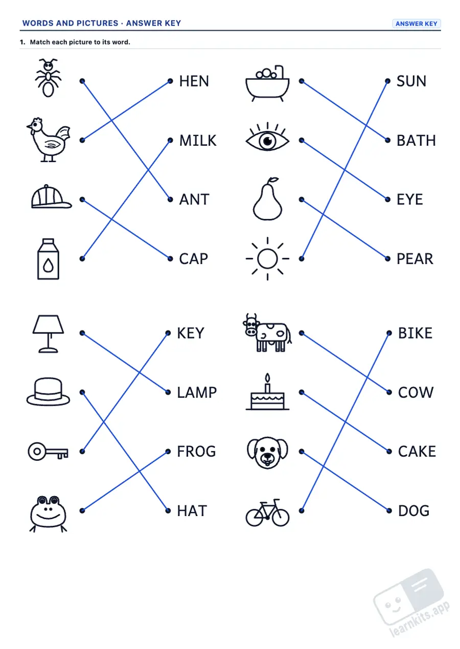 Word and Picture Matching Worksheet Generator: sample answer key of the same worksheet, first page