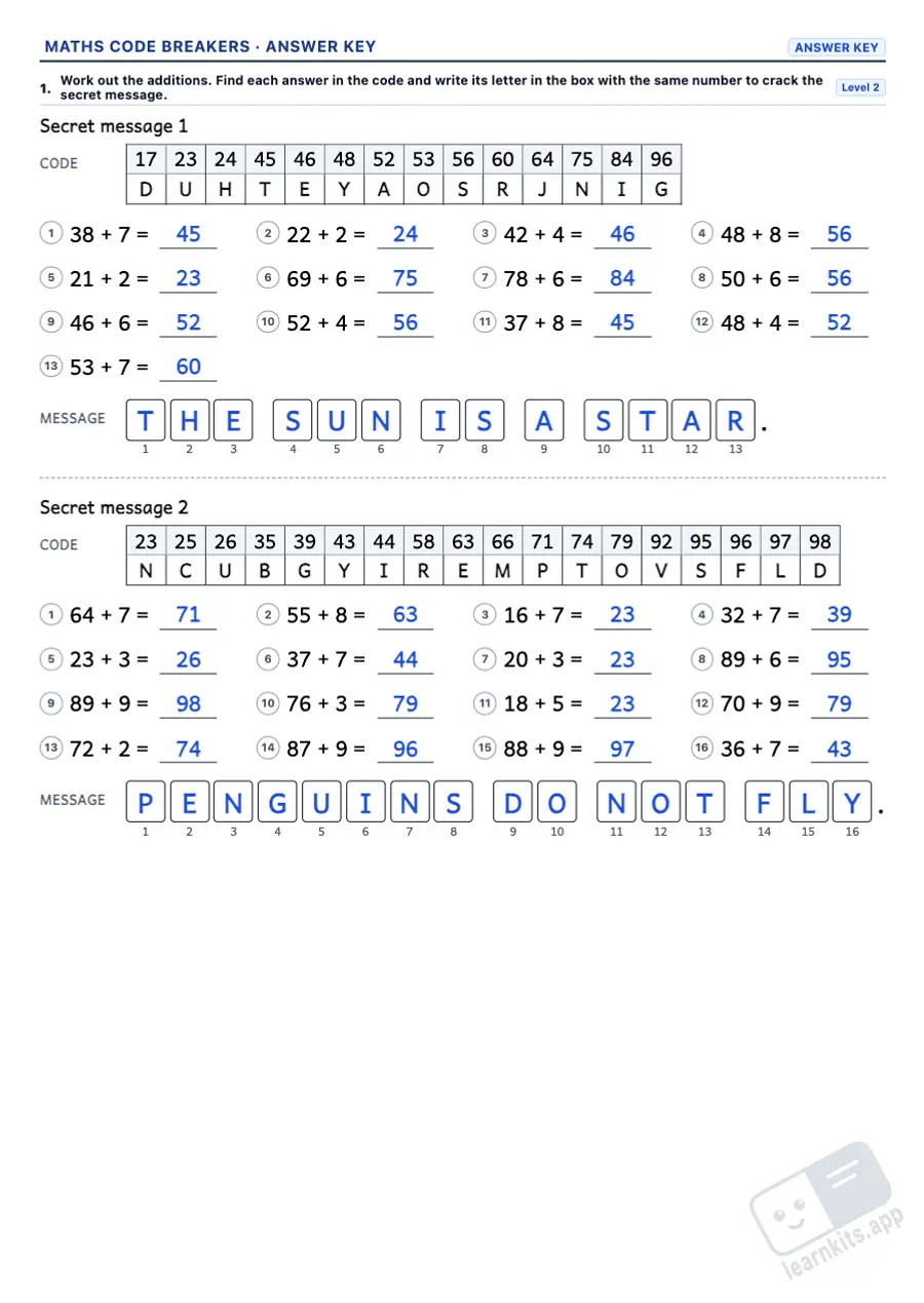 Maths Code Breaker Worksheet Generator: sample answer key of the same worksheet, first page