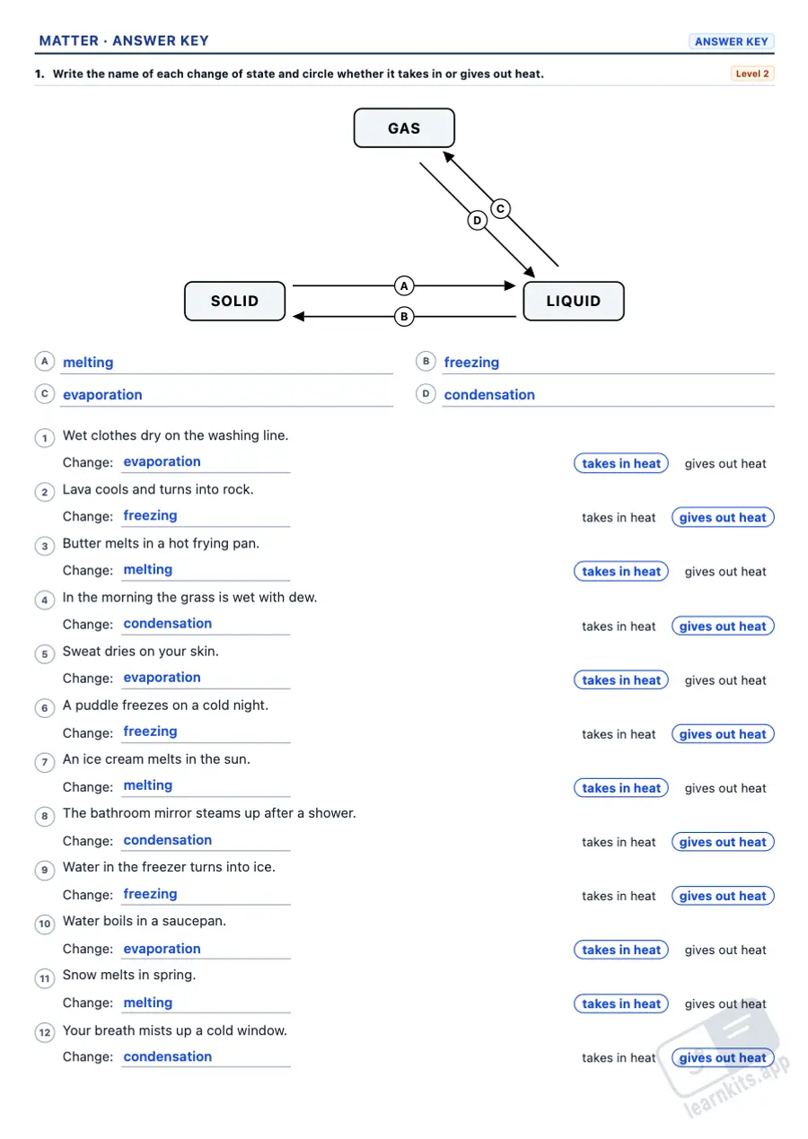 States of matter and mixtures worksheets to print: sample answer key of the same worksheet, first page