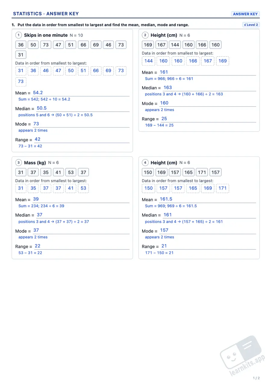 Mean, Median and Mode Worksheet Generator: sample answer key of the same worksheet, first page