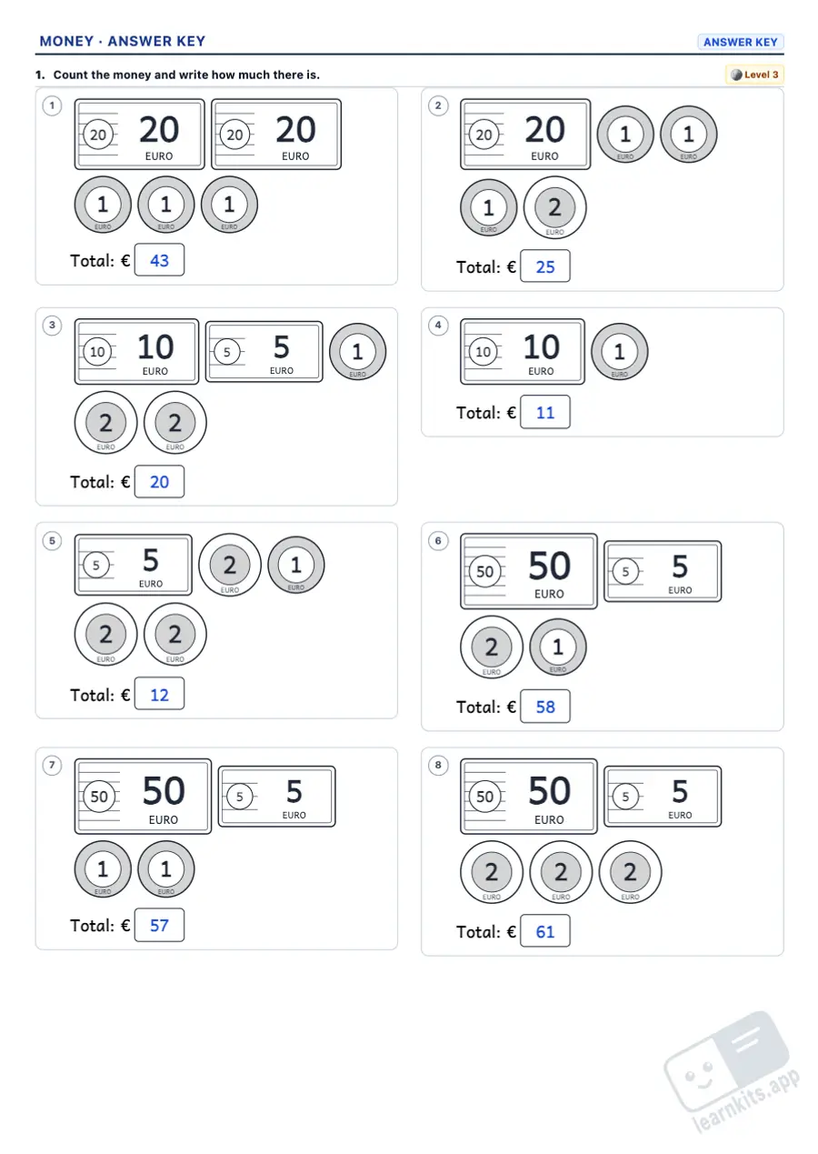 Money Worksheet Generator with Euros: sample answer key of the same worksheet, first page
