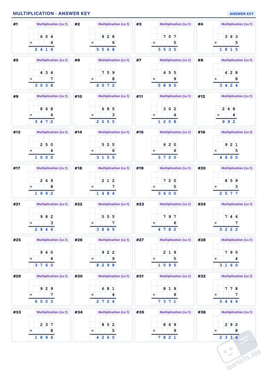 Long multiplication worksheets with answer key: sample answer key of the same worksheet, first page