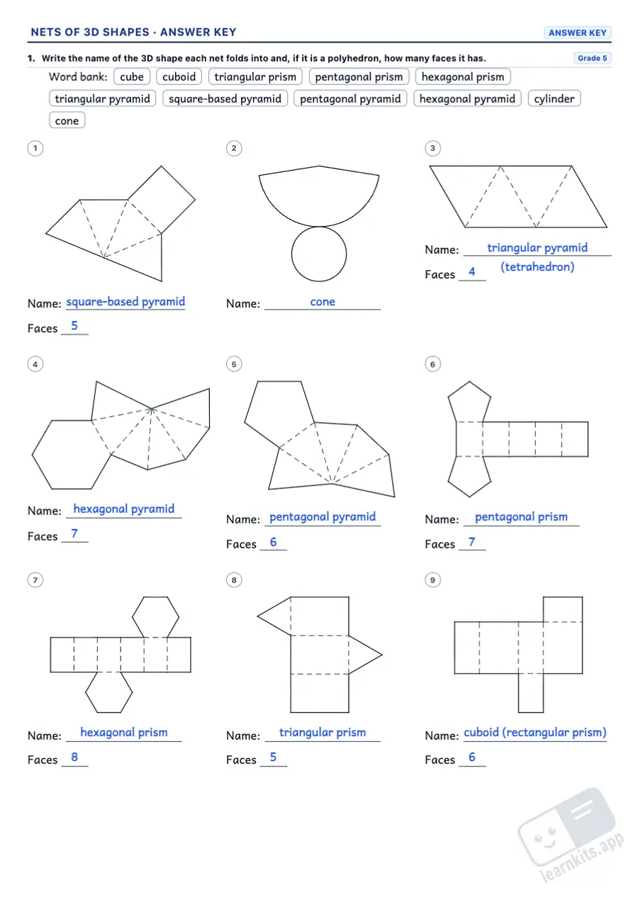 Nets of 3D Shapes Worksheet Generator: sample answer key of the same worksheet, first page